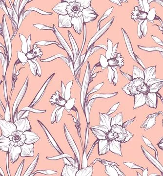 Sensual spring seamless pattern with elegant daffodil on pink. Stock Illustration