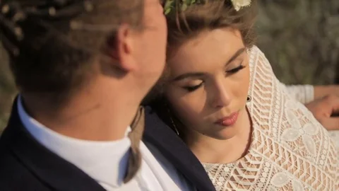 Sensual young couple in love on the background meadows. Stock Footage