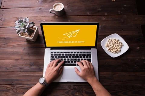 Sent message rocket paper concept on screen laptop Stock Photos