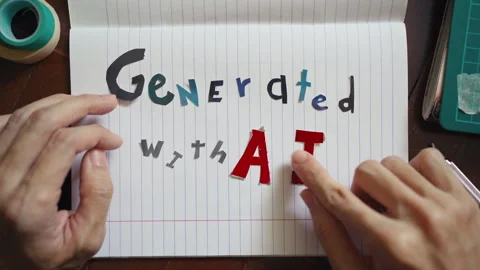 A sentence "Generated with AI" was handcrafted from cut-out magazine paper Stock Footage 318836542