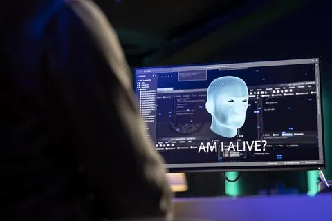 Sentient AI on computer asking existential questions after modifying source code Stock Photos