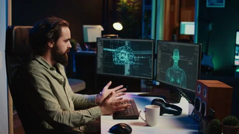 Sentient Ai gains humanoid form inside computer, waving hand, greeting creator Stock Footage 266949954