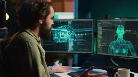 Sentient AI gains humanoid form inside computer, waving hand, greeting creator Stock Footage 266952099