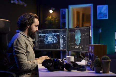 Sentient AI interacting with programmer, asking existential questions 스톡 사진