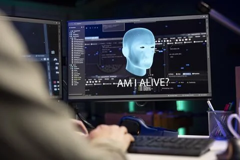 Sentient AI interacting with software developer, asking existential questions Foto stock