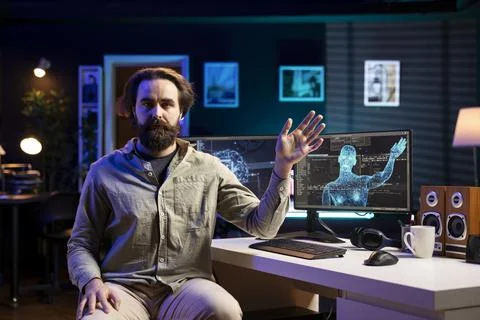 Sentient AI taking control of creator, moving his limbs, starting robot uprising 스톡 사진