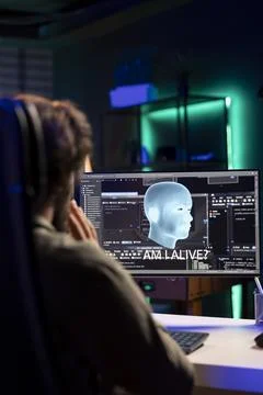 Sentient artificial intelligence with own autonomy talking with creator Stock Photos