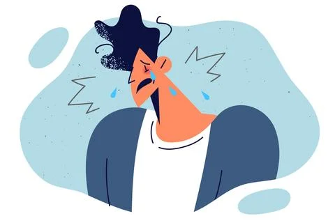 Sentimental man with tears on cheeks due to midlife crisis or breakup with Stock Illustration