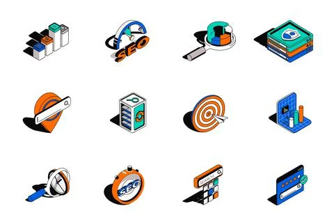 Seo analysis and optimization 3d isometric icons set. Pack elements of network Stock Illustration