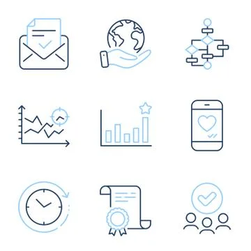 Seo analysis, Approved mail and Block diagram icons set. Efficacy, Love chat and Illustrazione stock