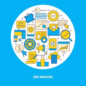 SEO analysis round concept banner in line style Stock Illustration