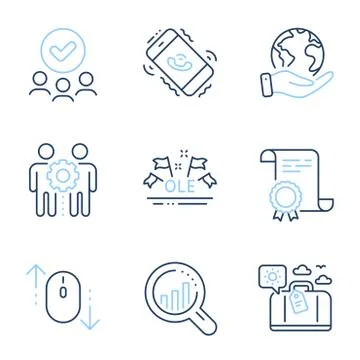 Seo analysis, Scroll down and Employees teamwork icons set. Ole chant, Travel Illustrazione stock