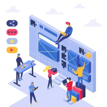 Seo analysis teamwork, vector illustration. Business development isometric team Stock-Illustration