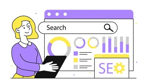 Seo analysis woman vector linear concept Stock Illustration