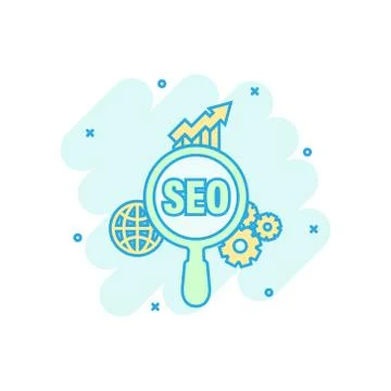 Seo analytics icon in comic style. Social media vector cartoon illustration o Illustrazione stock