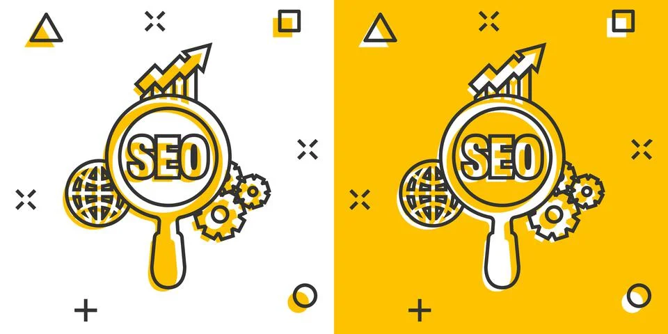 Seo analytics icon in comic style. Social media vector cartoon illustration o 스톡 일러스트