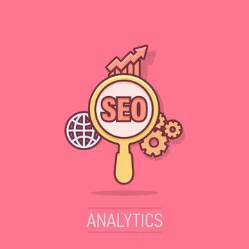 Seo analytics icon in comic style. Social media vector cartoon illustration.. 스톡 일러스트
