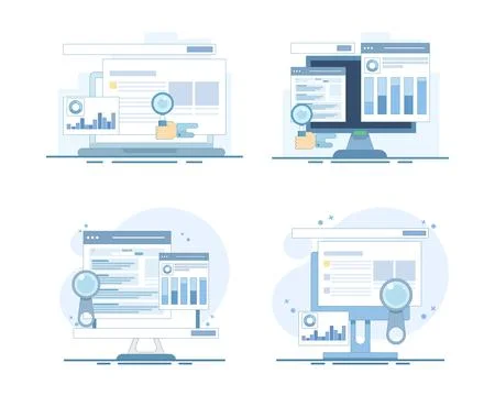 SEO analytics set featuring search data analysis, optimization tools. Ilustração Stock