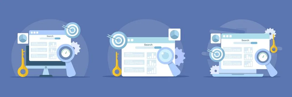 SEO analytics set, keyword planning, competitor research, website monitoring. Stock Illustration
