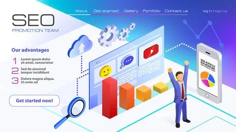 SEO analytics team landing page. Businessman enjoys victory. Search engine op Stock Illustration