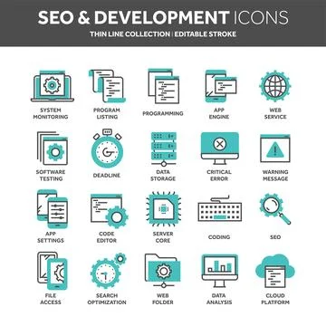 Seo and app development. Search engine optimization. Internet, e-commerce.Thin Illustrazione stock