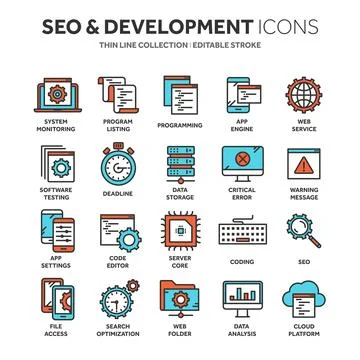 Seo and app development. Search engine optimization. Internet, e-commerce.Thin Illustrazione stock