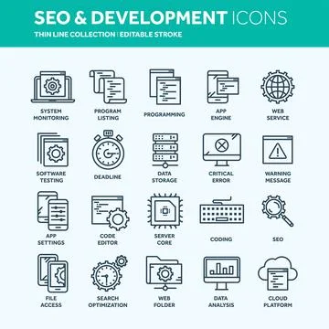 Seo and app development. Search engine optimization. Internet, e-commerce.Thin Illustrazione stock