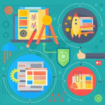 SEO and development concept design infographics template icons in circles design Illustrazione stock