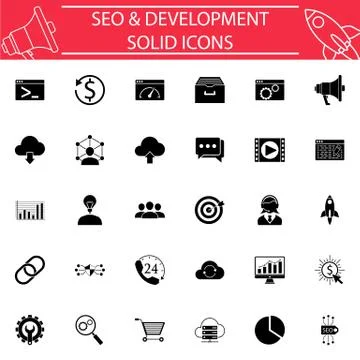 SEO and Development solid icon set 스톡 일러스트