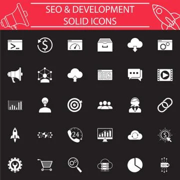 SEO and Development solid icon set Stock Illustration