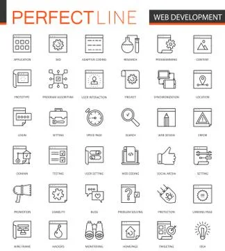 SEO and development thin line web icons set. Outline stroke icons design. 스톡 일러스트