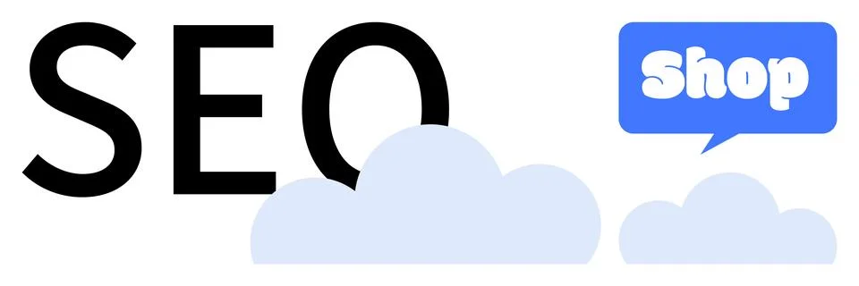 SEO and E-commerce Integration Concept with Cloud Elements and Text Bubble Stock Illustration