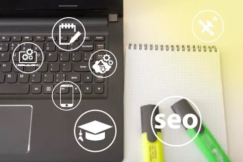 Seo and icons, the concept of development of the system Foto stock