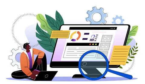 SEO benchmarking concept. Man sitting near computer with magnifying glass Stock Illustration