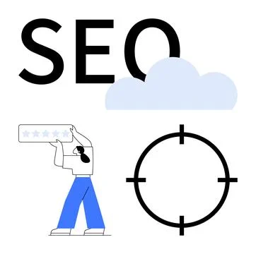 SEO in bold letters, cloud icon, person holding a 5-star rating, search targe 库存插图