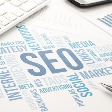 Seo business concept cloud chart print document. Stock Photos