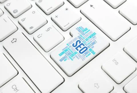 Seo business, search engine optimization, concept cloud in enter button or .. Stock Photos