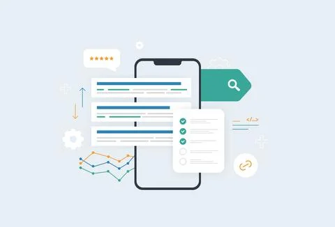 SEO checklist with keyword optimization. Search ranking improvement content Illustrazione stock