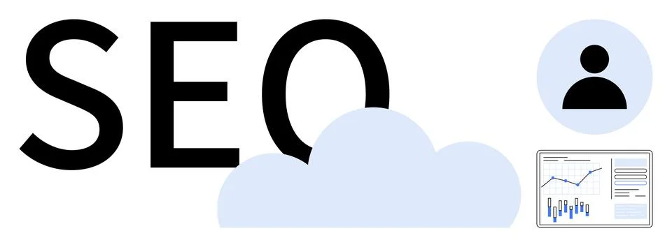 SEO Concept with Analytics Dashboard, User Icon, and Cloud Illustrazione stock