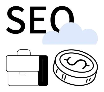 SEO Concept with Briefcase, Coin, Cloud Elements Highlighting Key Aspects of Stock Illustration