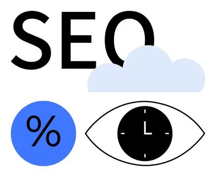 SEO Concept with Cloud, Analytics Percentage, and Eye Featuring a Clock Symbo Stock Illustration