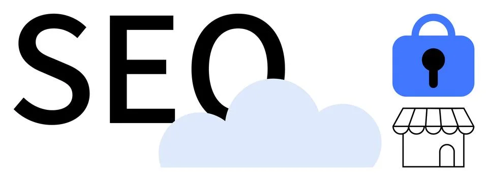 SEO Concept with Cloud, Security, and Online Store Elements Illustrazione stock
