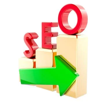 SEO concept with golden bar chart and green arrow, 3D rendering Stock Illustration