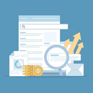 SEO concept search engine optimization, search marketing. Illustrazione stock