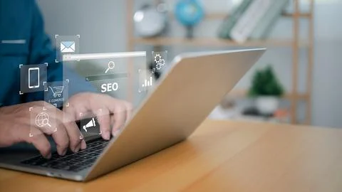 SEO Concept search engine optimization, Businessman using computer to show .. Stock Photos