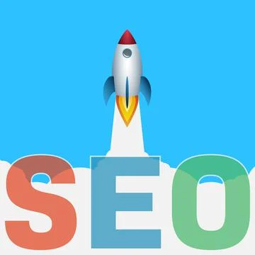 SEO concept with space rocket launching into blue sky Stock-Illustration
