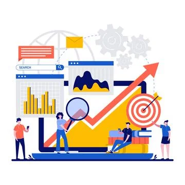 SEO concept with tiny character. Keyword optimization, research and analysi.. Stock Illustration