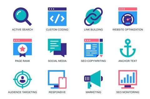 SEO concept of web icons set in simple flat design. Pack of active search, cu Stock Illustration