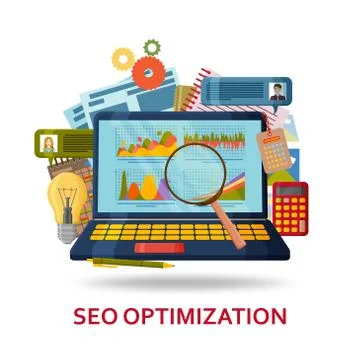 SEO content optimization background. Laptop with infographic elements and Illustrazione stock