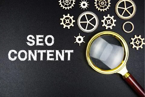 Seo Content text message with magnifying glass on black background Stock Photos
